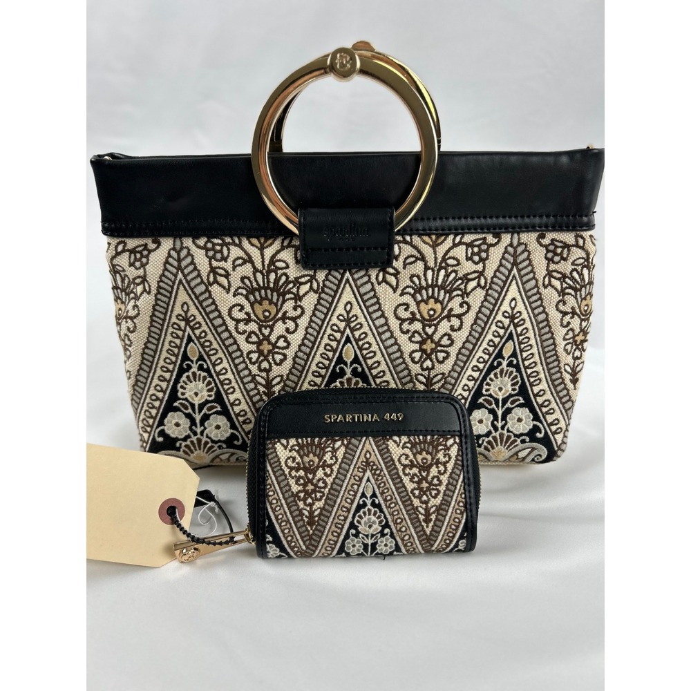 Spartina 449 Handbag & Wallet Set‎ Floral Tapestry Brass Ring Black Purse